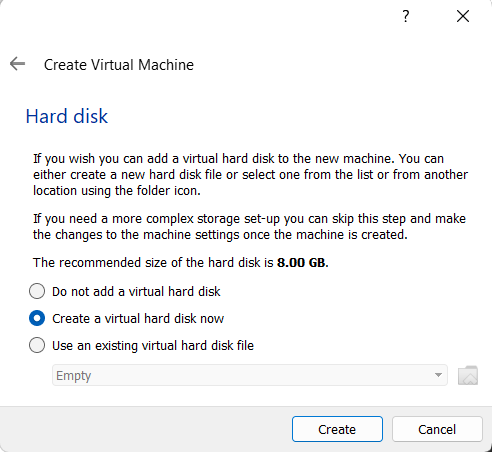 VirtualBox Create new virtual hard disk page